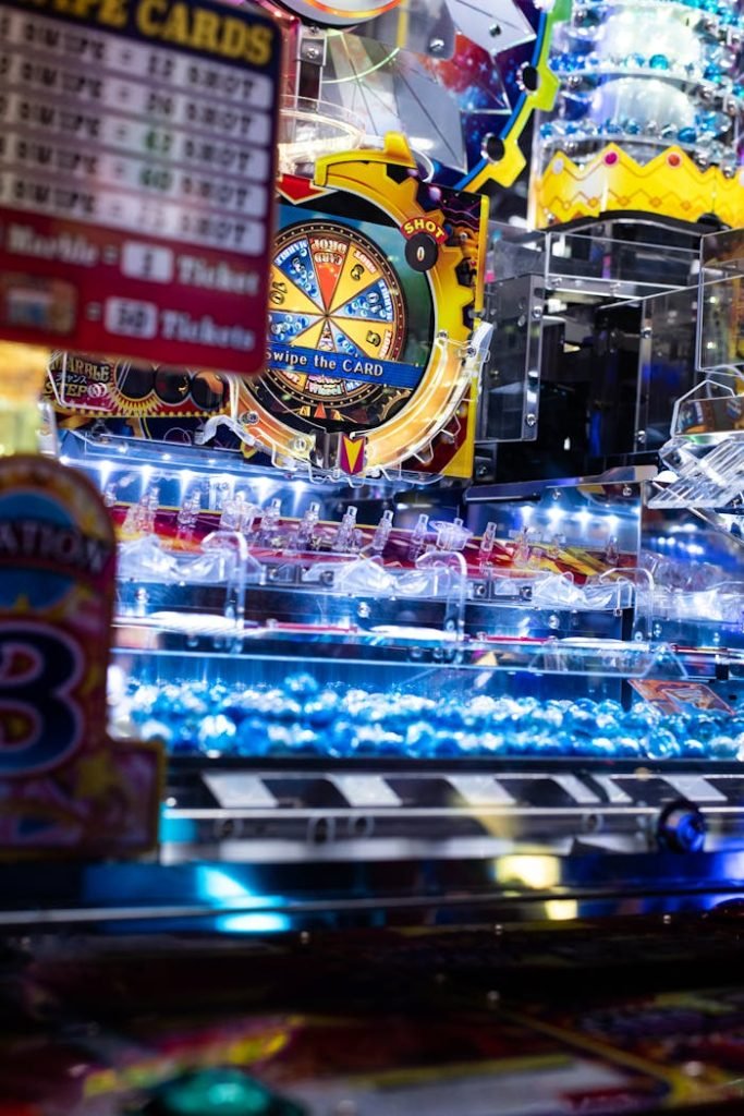 Lively pachinko game machine with colorful lights and vibrant displays inside an arcade setting.